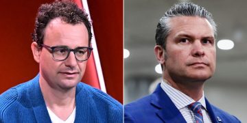 تصویر دو بخشی از دو نفر در محیط‌های رسمی؛ سمت چپ فردی با لباس آبی در برابر پس‌زمینه قرمز، سمت راست فردی با کت‌وشلوار آبی و کراوات قرمز در محیط کاری با نور سفید — نمای مفهومی مقایسه دیدگاه‌ها یا گفت‌وگوی دو چهره در حوزه فناوری و سیاست