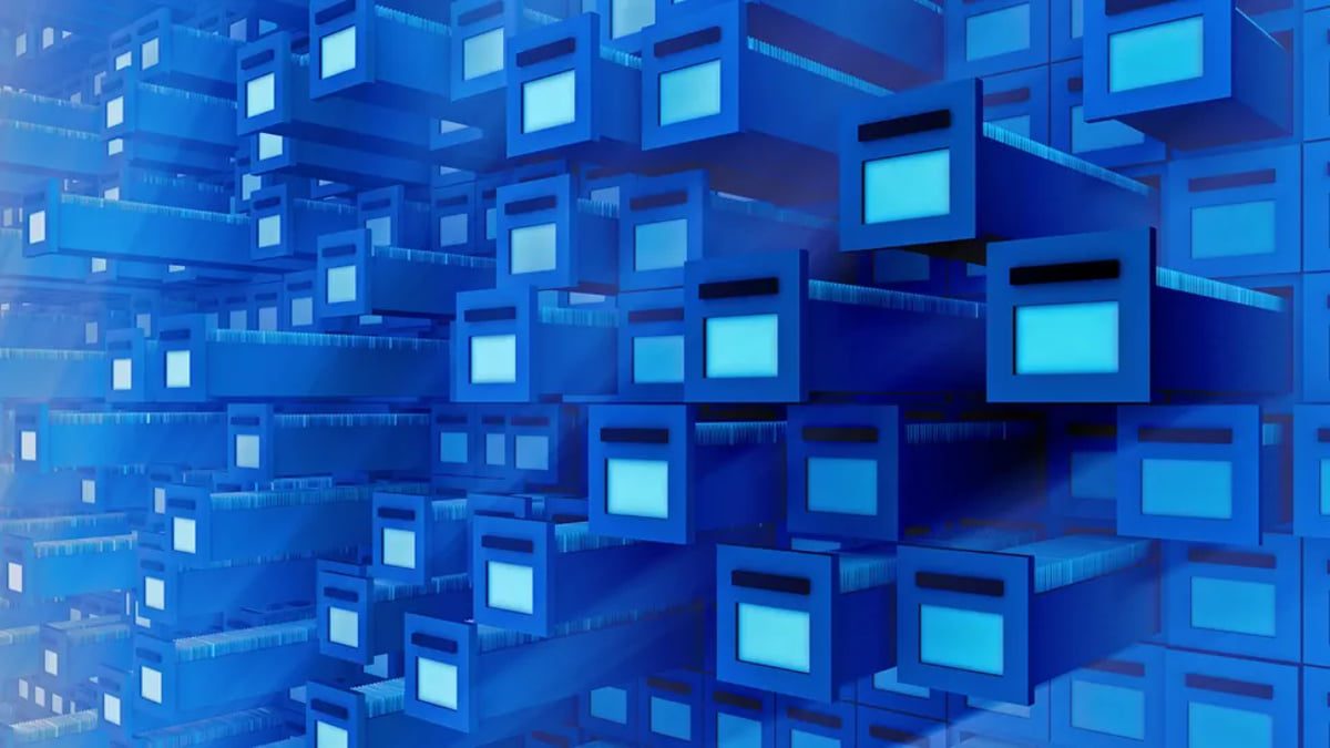 تصویر سه‌بعدی انتزاعی از بلوک‌های دیجیتال آبی که به هم متصل شده‌اند و مفهوم ذخیره‌سازی داده، زیرساخت ابری، بلاک‌چین و محاسبات توزیع‌شده را نشان می‌دهند