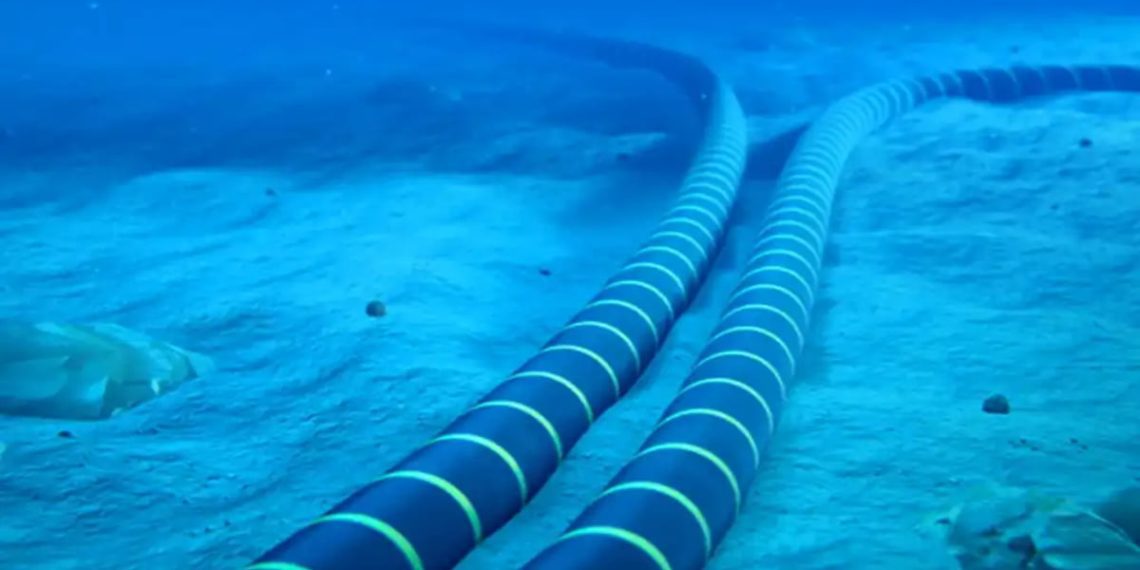 نمای زیر آب از دو کابل ارتباطی زیردریایی که روی بستر اقیانوس کشیده شدهاند و انتقال دادههای بینقارهای را نشان میدهند