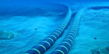 نمای زیر آب از دو کابل ارتباطی زیردریایی که روی بستر اقیانوس کشیده شدهاند و انتقال دادههای بینقارهای را نشان میدهند