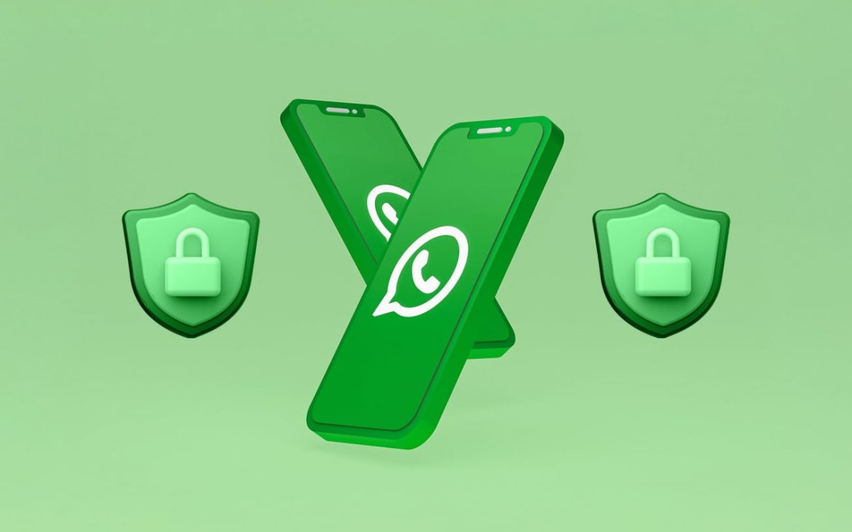 تصویر مفهومی از اپلیکیشن WhatsApp روی دو گوشی هوشمند با نمادهای قفل امنیتی در اطراف، نشاندهنده احراز هویت، رمزنگاری و امنیت حساب کاربری