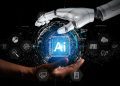 تصویری از یک دست انسان و یک دست ربات که کره‌ای که مرکز آن نوشته شده AI را نگه داشته‌اند.