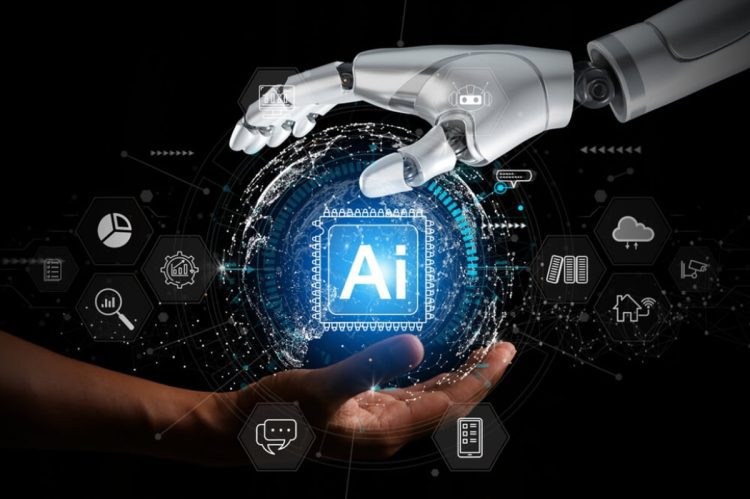 تصویری از یک دست انسان و یک دست ربات که کرهای که مرکز آن نوشته شده AI را نگه داشتهاند.