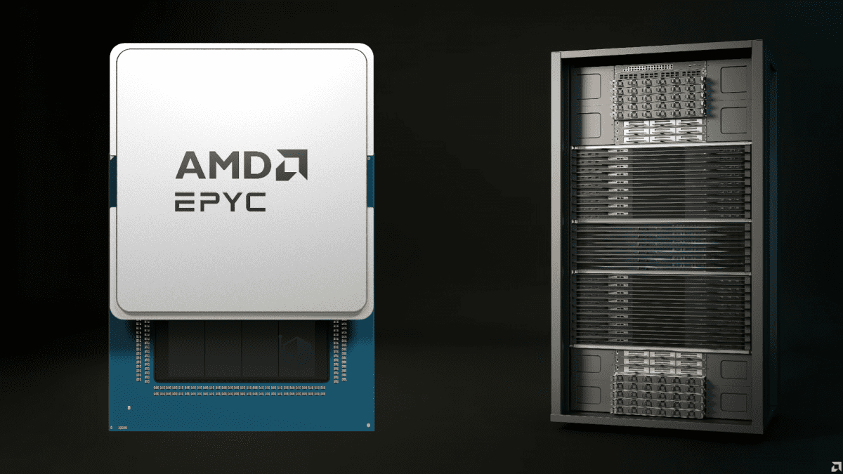 تصویر ترکیبی از یک پردازنده درشت‌نمایی شده "AMD EPYC" در کنار یک رک سرور کامل.