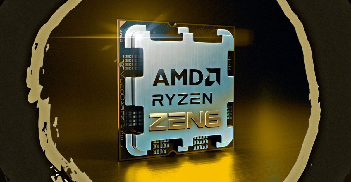تصویر مفهومی از پردازنده AMD Ryzen Zen 6 با طراحی طلایی و نورپردازی سینمایی