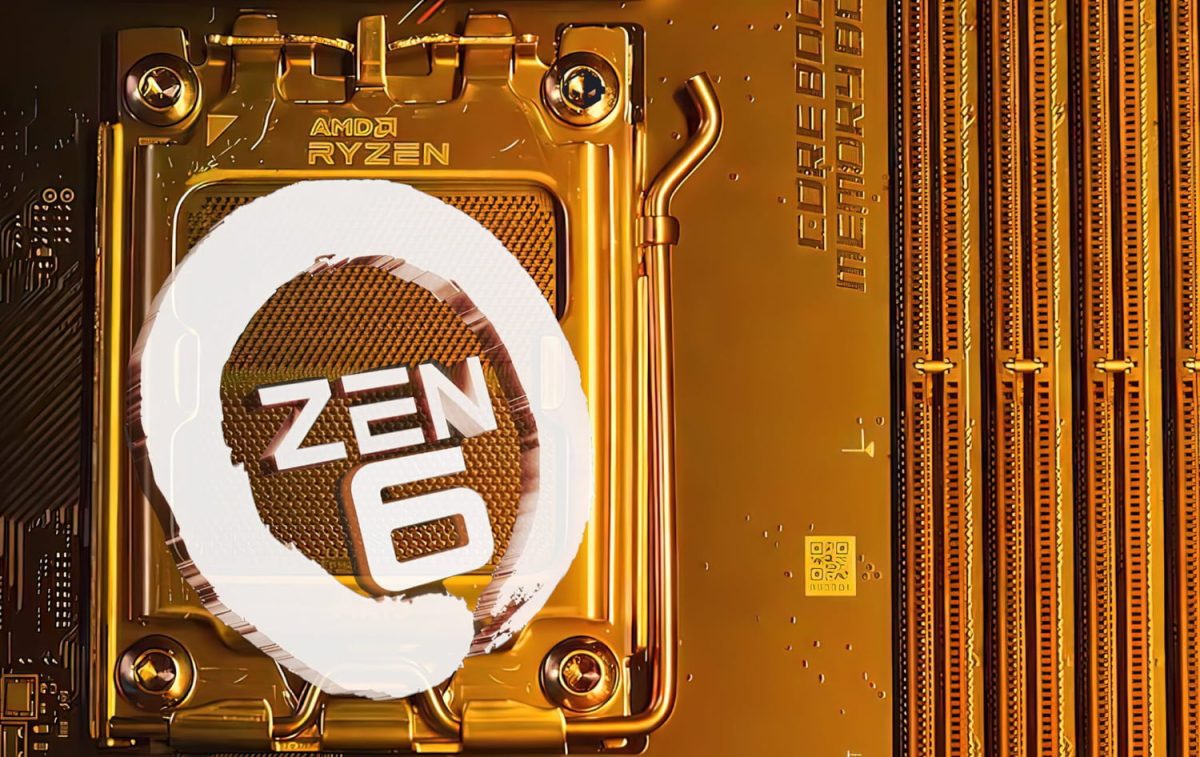 تصویر مفهومی از پردازنده AMD Ryzen Zen 6 روی مادربرد با طراحی طلایی
