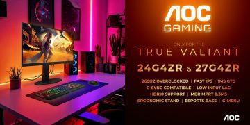 تصویر تبلیغاتی مانیتورهای AOC Gaming 24G4ZR و 27G4ZR در یک ستاپ گیمینگ با نورپردازی RGB، همراه با اطلاعات فنی شامل نرخ نوسازی 260 هرتز، پنل Fast IPS، زمان پاسخ‌گویی 1ms GtG و پشتیبانی از G‑SYNC Compatible.