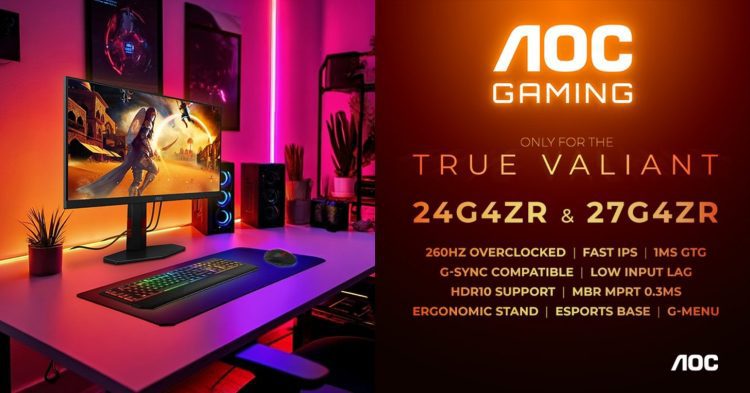 تصویر تبلیغاتی مانیتورهای AOC Gaming 24G4ZR و 27G4ZR در یک ستاپ گیمینگ با نورپردازی RGB، همراه با اطلاعات فنی شامل نرخ نوسازی 260 هرتز، پنل Fast IPS، زمان پاسخ‌گویی 1ms GtG و پشتیبانی از G‑SYNC Compatible.