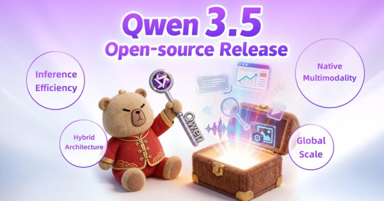پوستر تبلیغاتی مدل هوش مصنوعی Qwen 3.5 علیبابا با تصویر یک خرس عروسکی و صندوقچه گنج.