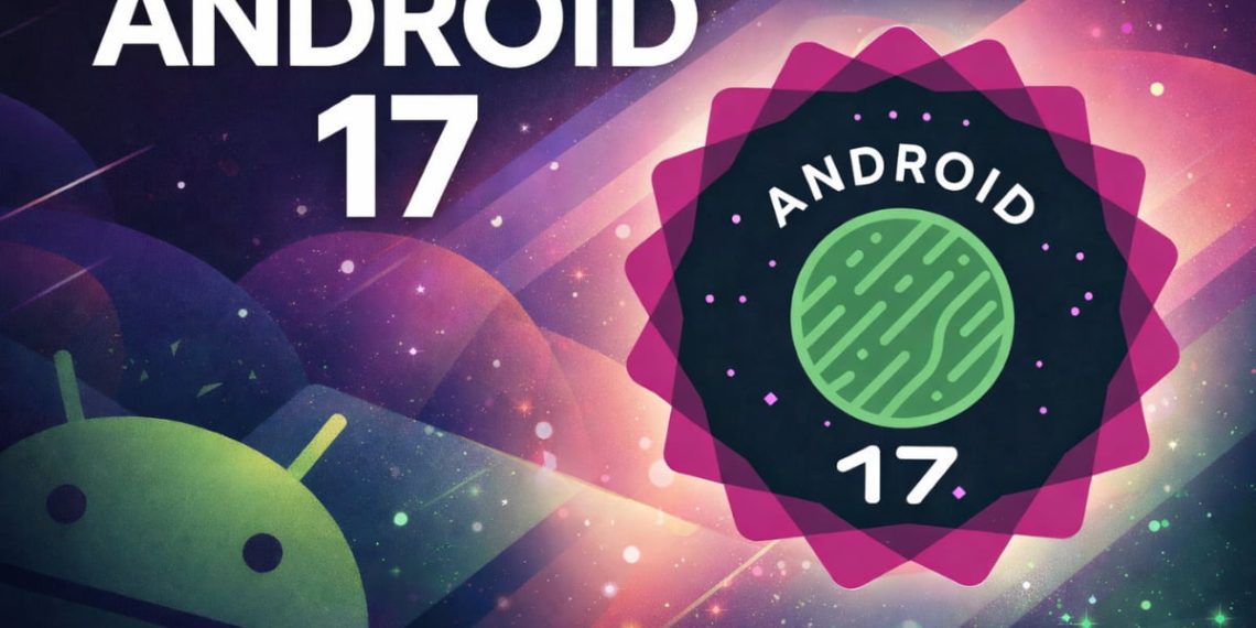 پوستر گرافیکی Android 17 با پس‌زمینه فضایی و گرادیان بنفش و صورتی؛ متن ANDROID 17 در سمت چپ و نشان دایره‌ای نسخه ۱۷ با لوگوی اندروید در مرکز، مرتبط با معرفی اندروید ۱۷ بتا