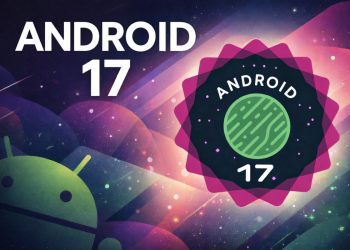 پوستر گرافیکی Android 17 با پس‌زمینه فضایی و گرادیان بنفش و صورتی؛ متن ANDROID 17 در سمت چپ و نشان دایره‌ای نسخه ۱۷ با لوگوی اندروید در مرکز، مرتبط با معرفی اندروید ۱۷ بتا