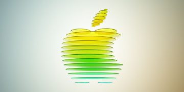 لوگوی سه‌بعدی اپل با طراحی لایه‌ای از بیضی‌های سبز و زرد شناور در پس‌زمینه روشن نماد دعوت‌نامه رسمی رویداد بعدی اپل در نیویورک