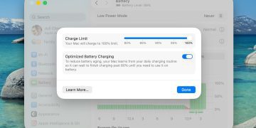 پنجره تنظیمات باتری در macOS Tahoe که اسلایدر تعیین محدودیت شارژ (Charge Limit) و گزینه شارژ بهینه باتری را نشان می‌دهد.