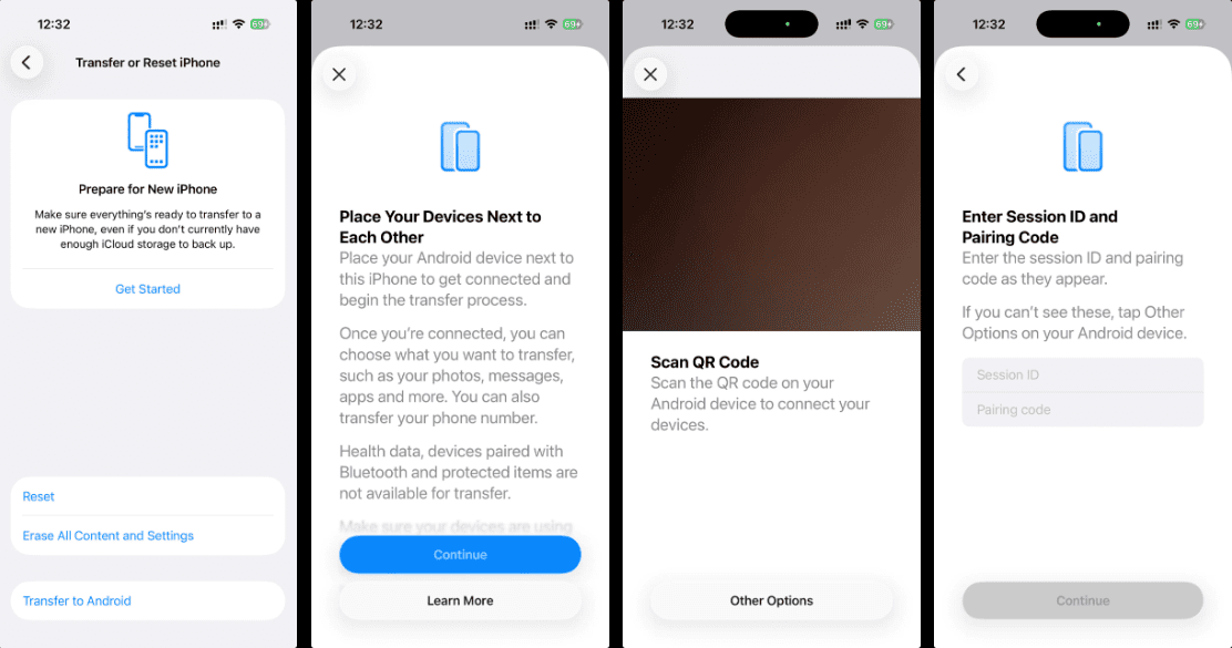 چهار مرحله از رابط کاربری آیفون برای انتقال اطلاعات به اندروید، شامل گزینه‌های جفت‌سازی و اسکن کد QR.
