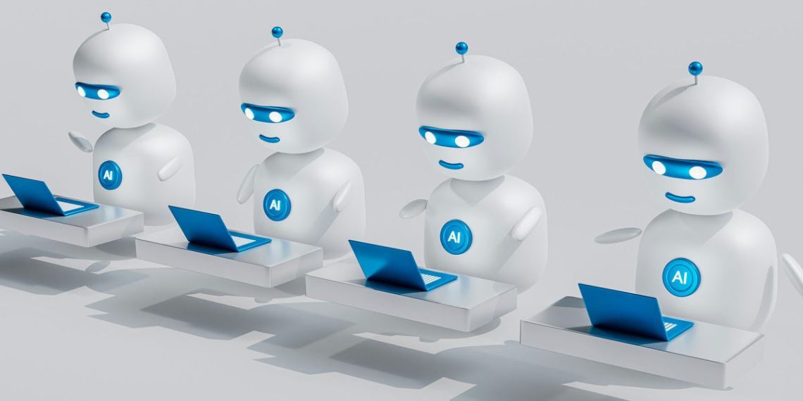 تصویری گرافیکی از چهار ربات سفید کوچک شبیه به هم که به ردیف پشت میز نشسته و با لپ‌تاپ‌های آبی کار می‌کنند.