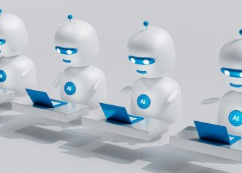 تصویری گرافیکی از چهار ربات سفید کوچک شبیه به هم که به ردیف پشت میز نشسته و با لپ‌تاپ‌های آبی کار می‌کنند.