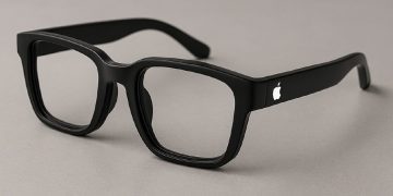 نمای نزدیک از یک عینک با فریم مشکی ضخیم که لوگوی سفید اپل روی دسته آن دیده می‌شود.