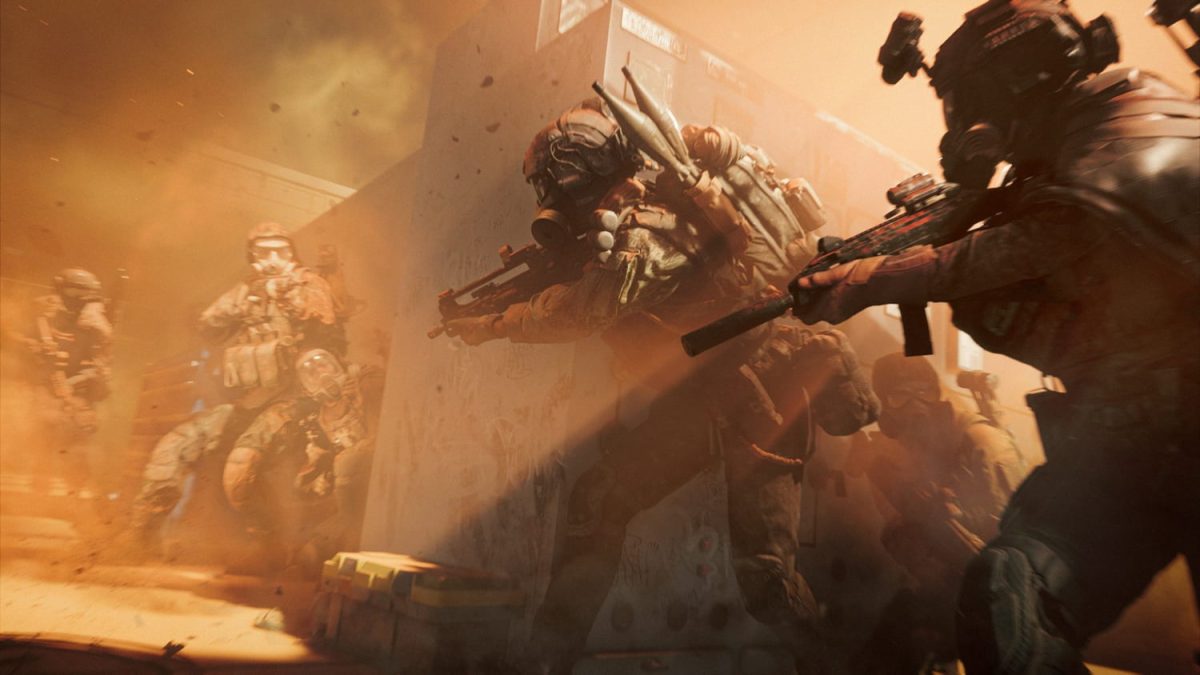 اسکرین‌شات گیم‌پلی از Battlefield 6 Season 2 که چند واحد نظامی مسلح را در یک درگیری شدید شهری نشان می‌دهد؛ صحنه شامل تیراندازی تاکتیکی، حرکت تیمی، افکت‌های انفجار و نورپردازی سینمایی در محیط جنگی است.