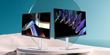 دو مانیتور BenQ سری MA روی یک سکوی دایره‌ای در محیطی فانتزی.