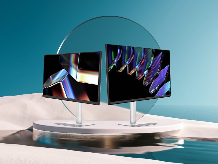 دو مانیتور BenQ سری MA روی یک سکوی دایره‌ای در محیطی فانتزی.