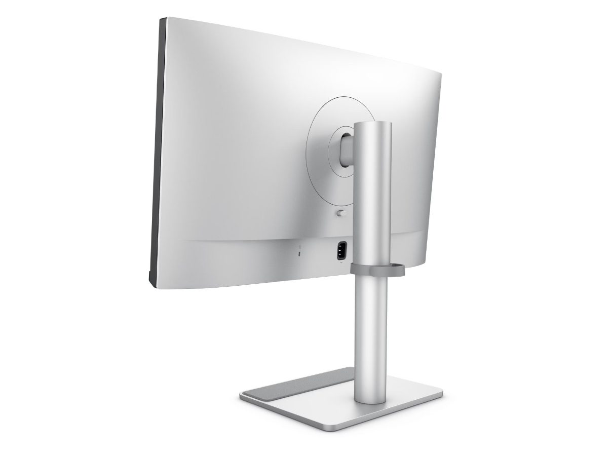 نمای پشت مانیتور نقره‌ای BenQ MA270S و پایه استوانه‌ای آن.