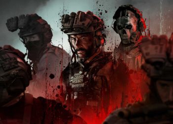 پوستر هنری بازی Call of Duty Modern Warfare III با حضور کاپیتان پرایس، گوست و سایر اعضای تسک فورس ۱۴۱ در تم رنگی قرمز و سیاه با افکت پاشش خون