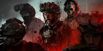پوستر هنری بازی Call of Duty Modern Warfare III با حضور کاپیتان پرایس، گوست و سایر اعضای تسک فورس ۱۴۱ در تم رنگی قرمز و سیاه با افکت پاشش خون