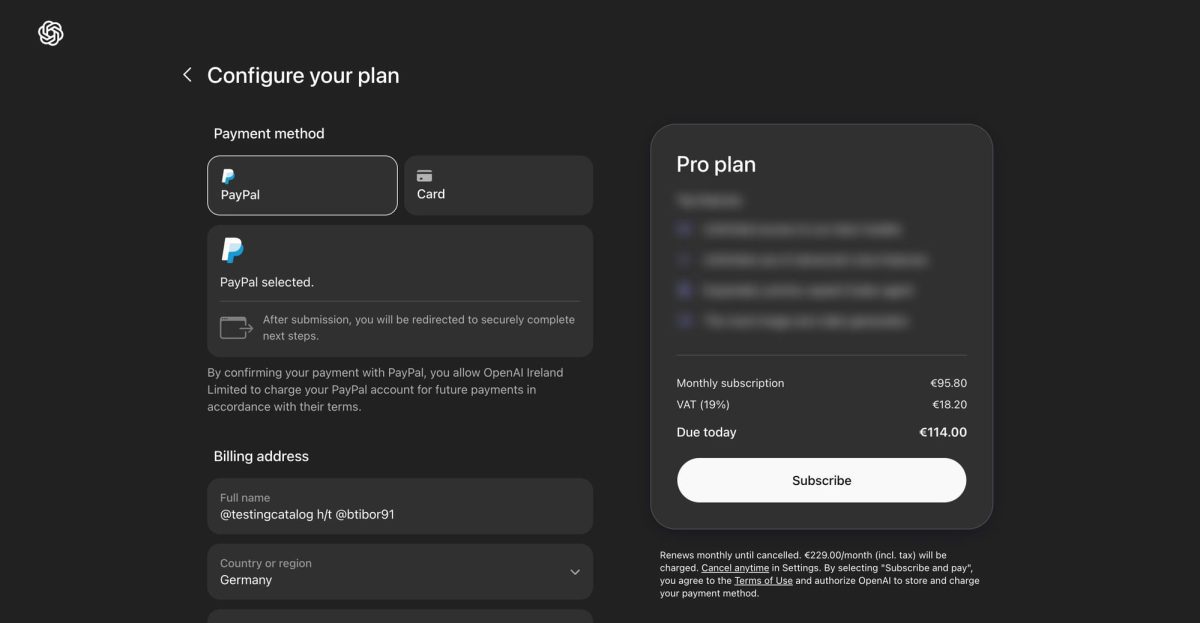 رابط کاربری تنظیم پلن اشتراک حرفهای (Pro plan) در ChatGPT؛ نمایش جزئیات قیمت ماهانه (€58.80)، مالیات (VAT 19%) و هزینه نهایی (€114.00) برای اشتراک یک ماهه.