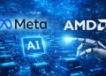 تصویر مفهومی از همکاری در زیرساخت هوش مصنوعی با نمایش لوگوهای Meta و AMD در فضای دیتاسنتر دیجیتال؛ یک بازوی رباتیک در حال لمس چیپ AI نورانی
