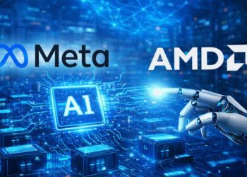 تصویر مفهومی از همکاری در زیرساخت هوش مصنوعی با نمایش لوگوهای Meta و AMD در فضای دیتاسنتر دیجیتال؛ یک بازوی رباتیک در حال لمس چیپ AI نورانی