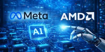 تصویر مفهومی از همکاری در زیرساخت هوش مصنوعی با نمایش لوگوهای Meta و AMD در فضای دیتاسنتر دیجیتال؛ یک بازوی رباتیک در حال لمس چیپ AI نورانی