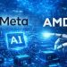 تصویر مفهومی از همکاری در زیرساخت هوش مصنوعی با نمایش لوگوهای Meta و AMD در فضای دیتاسنتر دیجیتال؛ یک بازوی رباتیک در حال لمس چیپ AI نورانی