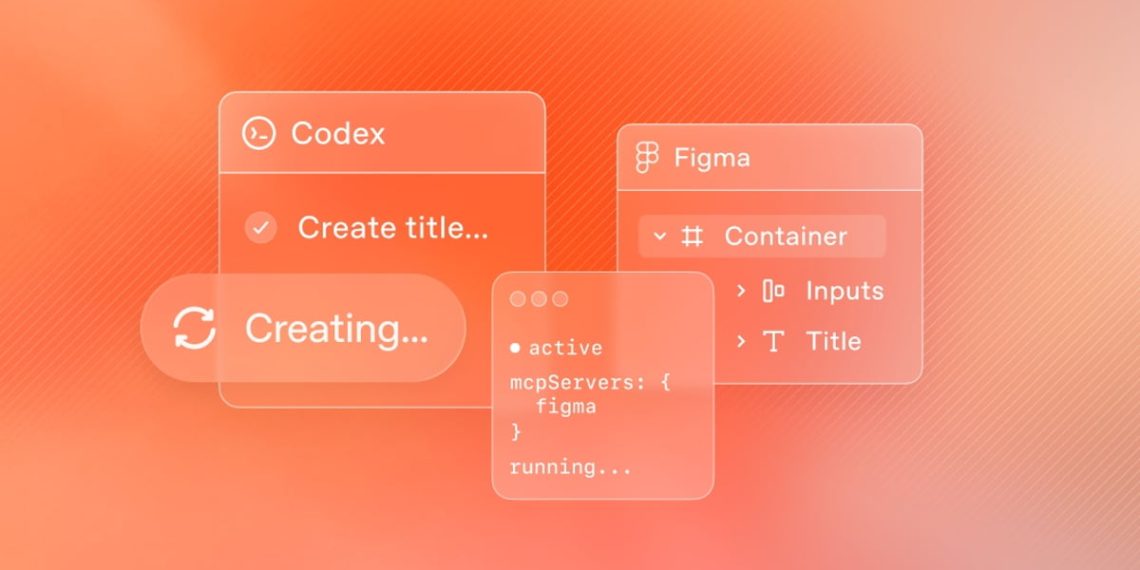 رندر گرافیکی از محیط توسعه Codex و Figma با پنجرههای شفاف شامل کدها، عناصر طراحی و پیامهای در حال اجرا روی پسزمینه نارنجی گرادیانی