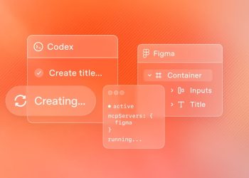 رندر گرافیکی از محیط توسعه Codex و Figma با پنجره‌های شفاف شامل کدها، عناصر طراحی و پیام‌های در حال اجرا روی پس‌زمینه نارنجی گرادیانی