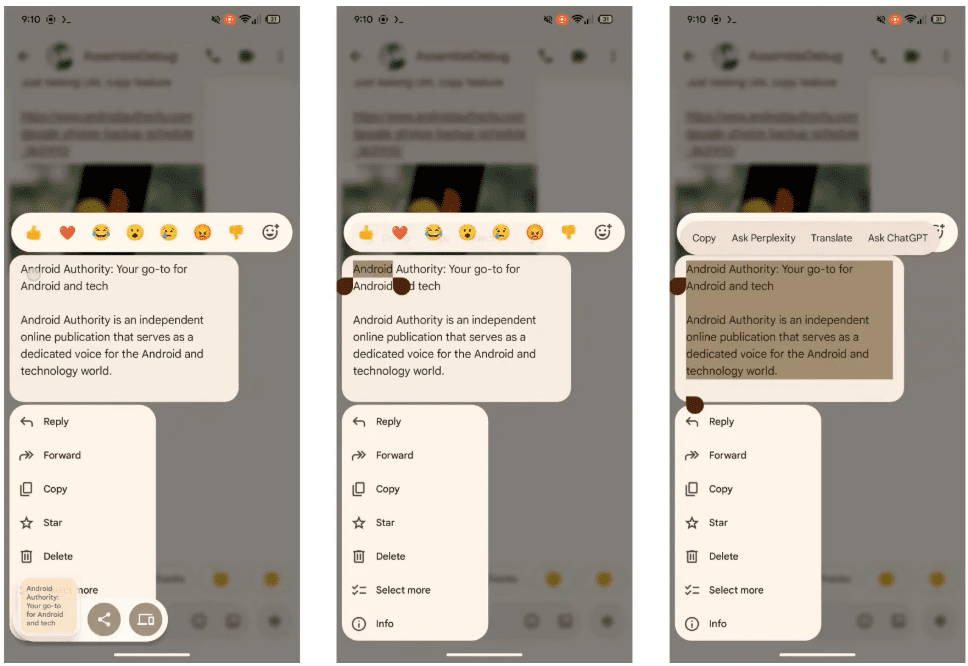 سه اسکرین‌شوت از مراحل انتخاب بخشی از متن یک پیام در گوشی برای کپی کردن یا ارسال به هوش مصنوعی.