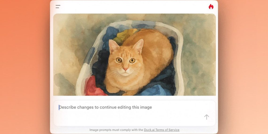 رابط کاربری Duck.ai در حال ویرایش نقاشی آبرنگ یک گربه نارنجی با استفاده از دستورات متنی.
