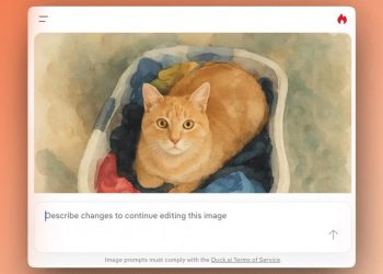 رابط کاربری Duck.ai در حال ویرایش نقاشی آبرنگ یک گربه نارنجی با استفاده از دستورات متنی.