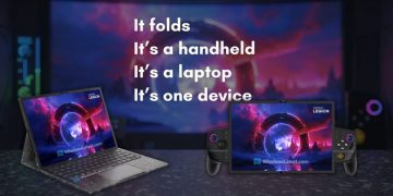 تصویر مفهومی دستگاه تاشوی Lenovo Legion که هم‌زمان به‌عنوان کنسول دستی و لپ‌تاپ نمایش داده شده؛ یک نمایشگر بزرگ با تصویر پس‌زمینه گیمینگ و متن “It folds / It’s a handheld / It’s a laptop / It’s one device” روی صفحه دیده می‌شود