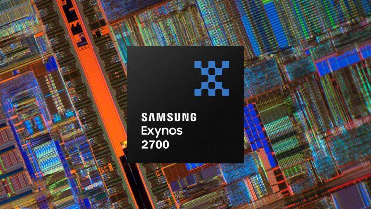 تصویر گرافیکی از تراشه Samsung Exynos 2700 که روی پس‌زمینه‌ای از نمای نزدیک ویفر سیلیکونی و الگوهای مدار مجتمع قرار گرفته است. لوگوی Exynos به‌صورت مینیمال در مرکز دیده می‌شود و رنگ‌بندی متالیک و نورپردازی فنی، بر ماهیت نیمه‌هادی و طراحی پیشرفته SoC تأکید دارد.