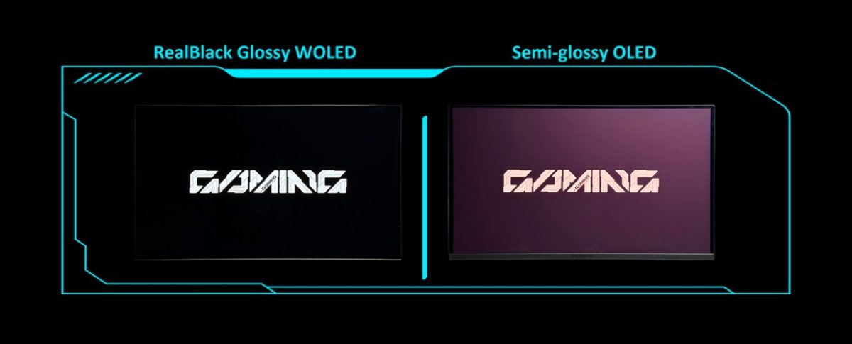 مقایسه تصویری بین نمایشگر براق RealBlack Glossy WOLED و نمایشگر نیمه‌براق Semi-glossy OLED.