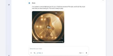 نمایی از رابط کاربری وب Google Gemini که قابلیت تولید موسیقی با هوش مصنوعی (Lyria) را نمایش میدهد. در صفحه، پیام تولید یک قطعه R&B Slow Jam دیده میشود و یک پلیر صوتی با تصویر کاور هنری در مرکز قرار دارد. این تصویر به کاربرد Gemini در خلق محتوای صوتی و موسیقی مولد با AI اشاره میکند.