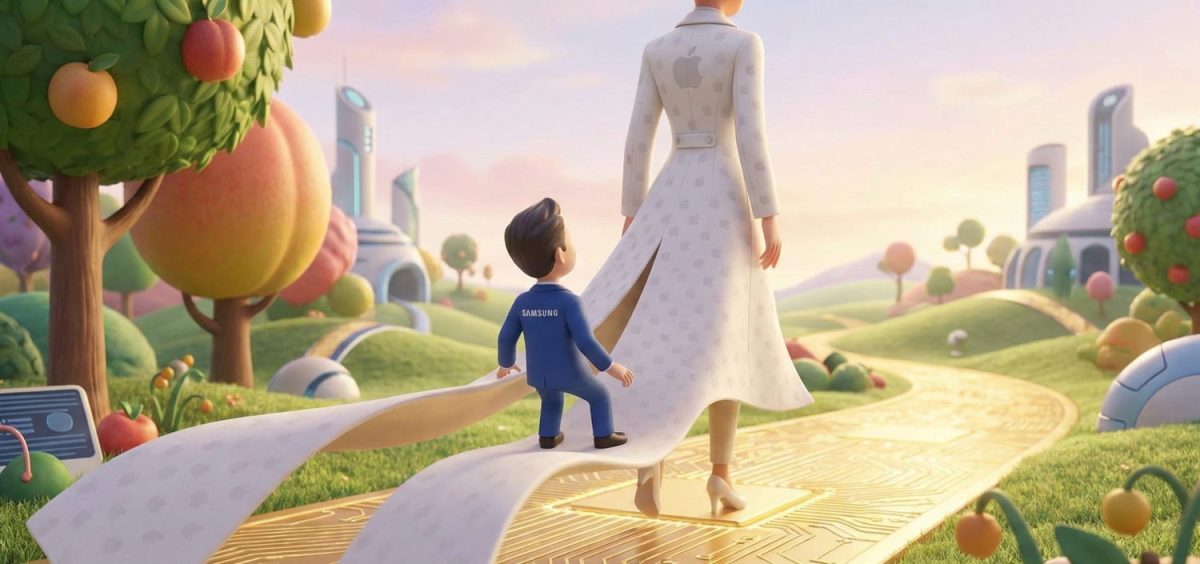 تصویر مفهومی و کارتونی از یک بزرگسال و یک کودک که در مسیری شبیه مدارهای الکترونیکی قدم می‌زنند، در محیطی آینده‌نگر با درختان و سازه‌های هوشمند؛ کودک لباسی با نشان Samsung و بزرگسال لباسی با نشان Apple بر تن دارد، نمادی از انتقال فناوری، رقابت برندها و آینده دیجیتال نسل‌ها.