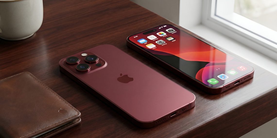 رندرهای مفهومی آیفون ۱۸ پرو و آیفون ۱۸ پرو مکس با رنگ جدید زرشکی تیره (Deep Burgundy)؛ نمایش طراحی پنل پشتی و صفحه نمایش در کنار هم.