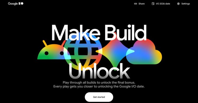 پوستر تبلیغاتی رویداد Google I/O 2026 با شعار "Make, Build, Unlock" و آیکون‌های رنگی اندروید و کلود.