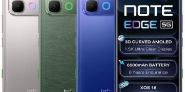 سه گوشی هوشمند اینفینیکس نوت اج 5G در رنگ‌های نقره‌ای، سبز و آبی در کنار نمای جلوی گوشی با صفحه نمایش خمیده.