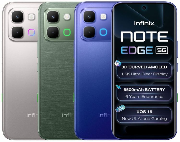 سه گوشی هوشمند اینفینیکس نوت اج 5G در رنگهای نقرهای، سبز و آبی در کنار نمای جلوی گوشی با صفحه نمایش خمیده.