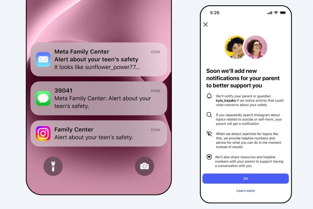 نمای رابط کاربری گوشی آیفون با چند اعلان از Meta Family Center و Instagram که هشدارهایی درباره ایمنی نوجوان و اطلاع‌رسانی به والدین نمایش می‌دهد، همراه با صفحه توضیح قابلیت اعلان‌های جدید مرتبط با جستجوهای حساس