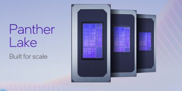 پوستر تبلیغاتی اینتل با عنوان "Panther Lake" و نمایش سه تراشه پردازنده در یک ردیف.