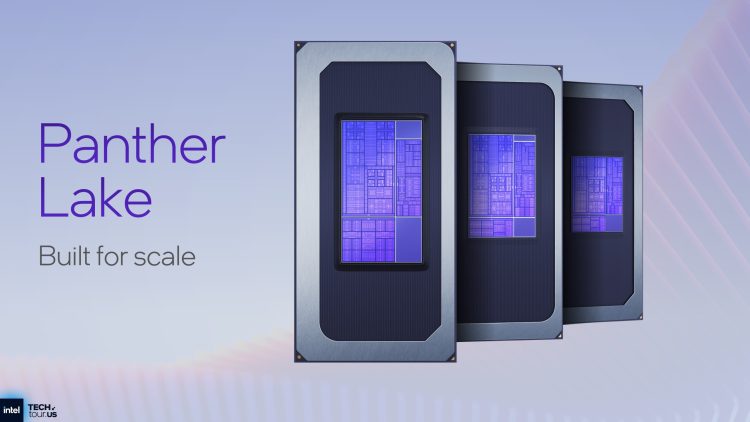 پوستر تبلیغاتی اینتل با عنوان "Panther Lake" و نمایش سه تراشه پردازنده در یک ردیف.