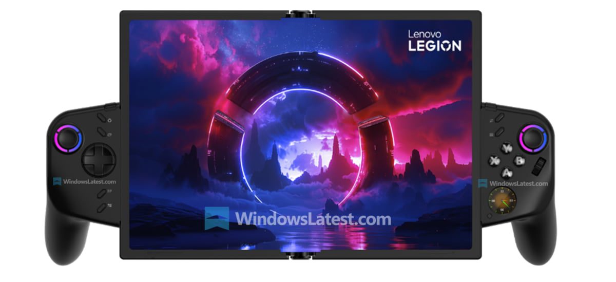 رندر کانسپت Lenovo Legion در حالت افقی با نمایشگر بزرگ و کنترلرهای دوطرفه شبیه کنسول دستی؛ لوگوی Lenovo Legion روی گوشه تصویر و دکمه‌ها و آنالوگ‌ها روی گریپ‌های چپ و راست مشخص هستند